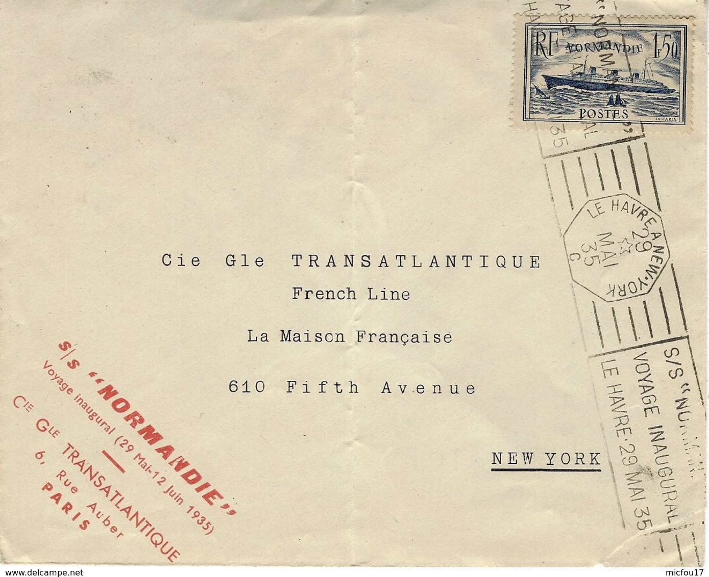 29 Mai 1935- Enveloppe  " Normandie Avec Y P Et Flamme  -voyage Inaugural - Poste Maritime