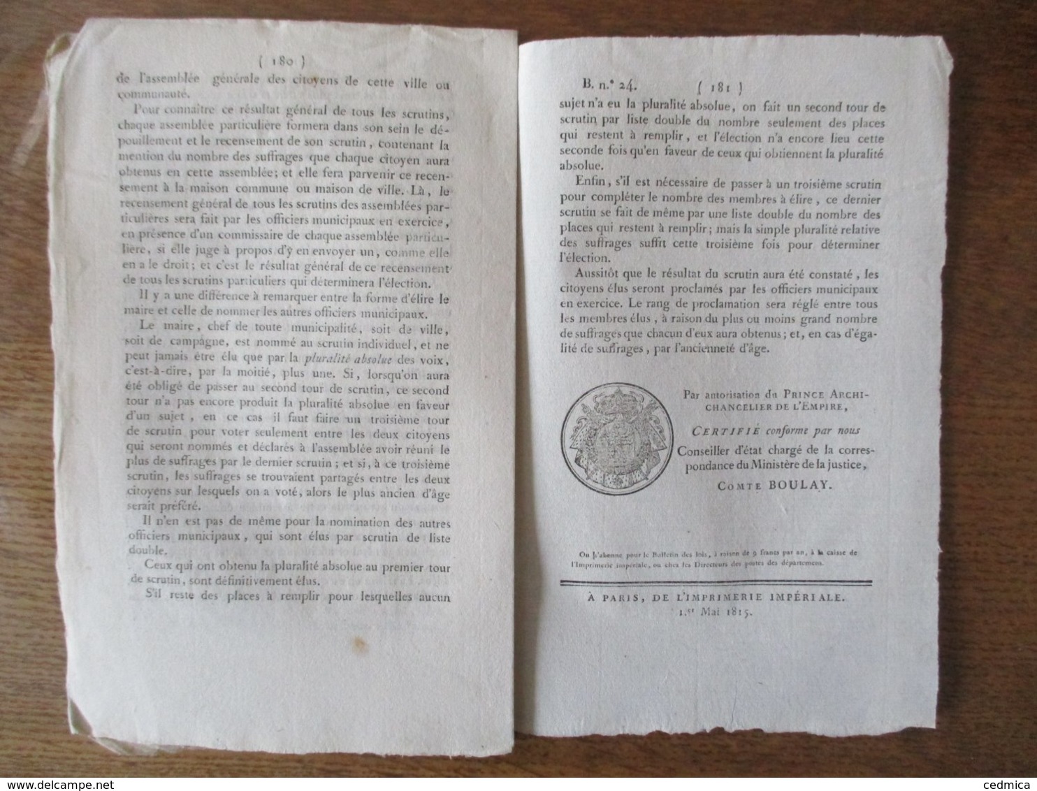 BULLETIN DES LOIS N°24 DU 30 AVRIL 1815 AU PALAIS DES TUILERIES NAPOLEON DECRET IMPERIAL QUI ORDONNE LA REUNION DES COLL - Gesetze & Erlasse