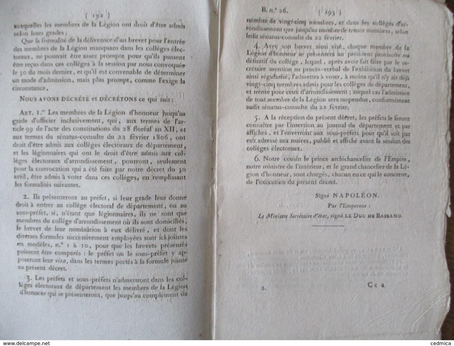 BULLETIN DES LOIS N°26 DU 3 MAI 1815 AU PALAIS DE L'ELYSEE NAPOLEON DECRET IMPERIAL MEMBRES DE LA LEGION D'HONNEUR ADMIS - Gesetze & Erlasse