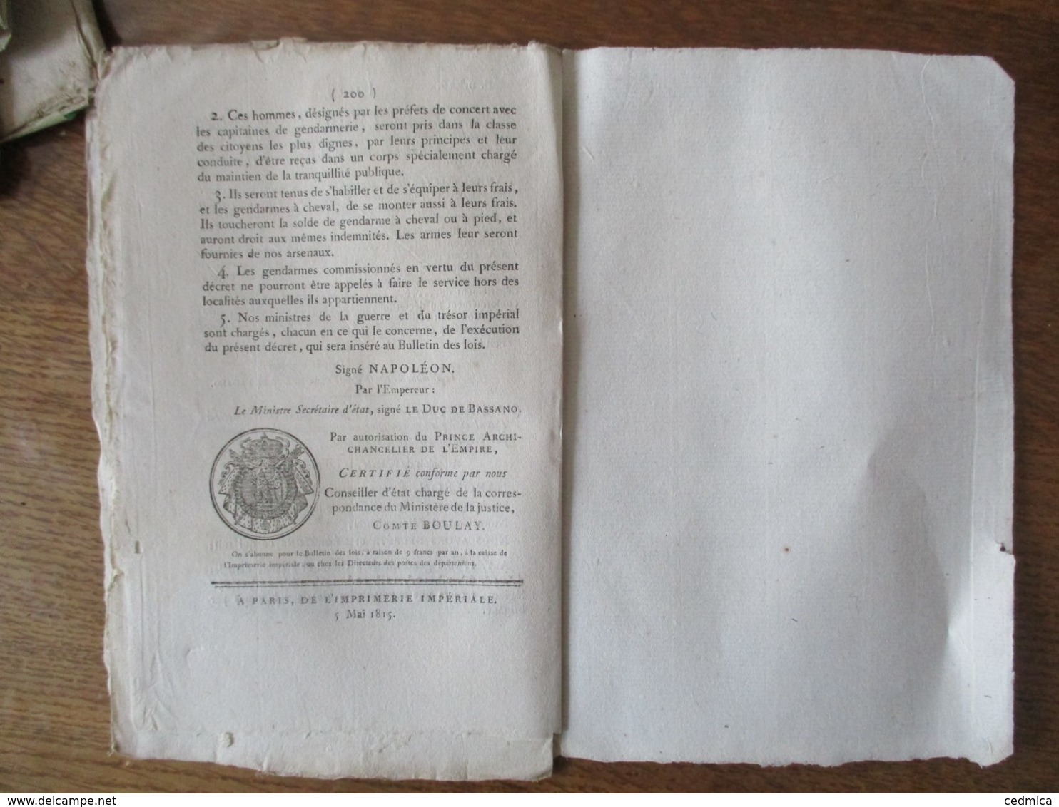 BULLETIN DES LOIS N°26 DU 3 MAI 1815 AU PALAIS DE L'ELYSEE NAPOLEON DECRET IMPERIAL MEMBRES DE LA LEGION D'HONNEUR ADMIS - Gesetze & Erlasse
