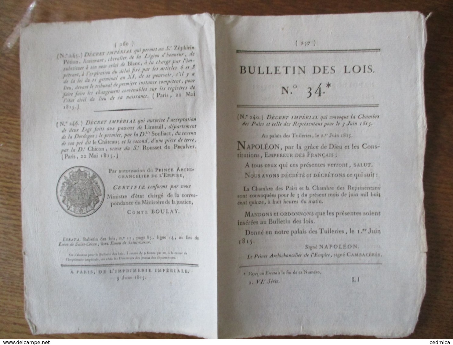 BULLETIN DES LOIS N°34 DU 1er JUIN 1815 AU PALAIS DES TUILERIES NAPOLEON DECRET IMPERIAL QUI CONVOQUE LA CHAMBRE DES PAI - Décrets & Lois