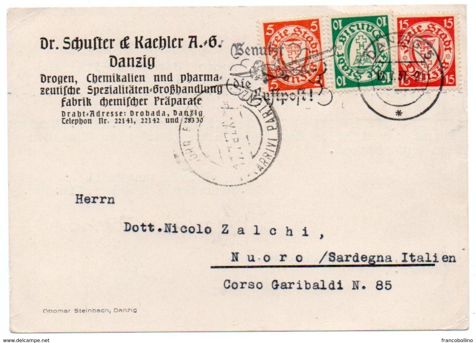 DANZIG 1937 - POSTCARD TO ITALY/NUORO / PHARMACY / CHEMISTRY - Other & Unclassified