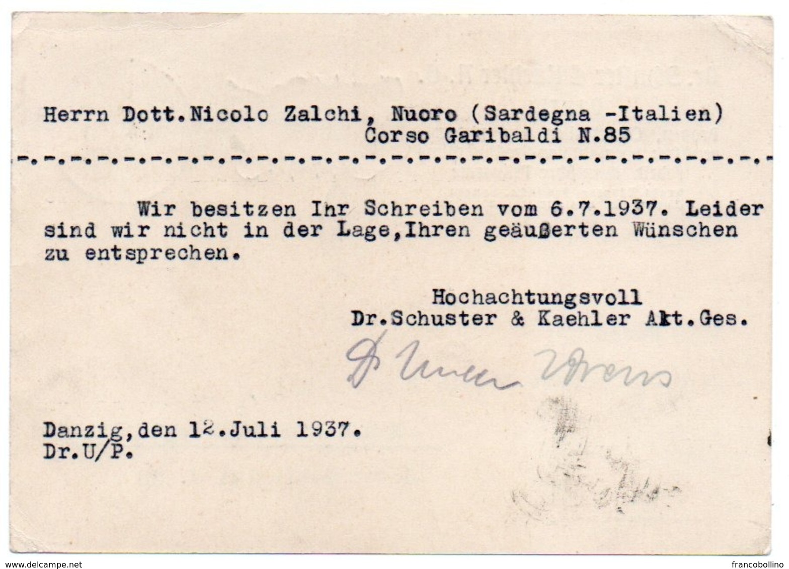 DANZIG 1937 - POSTCARD TO ITALY/NUORO / PHARMACY / CHEMISTRY - Other & Unclassified