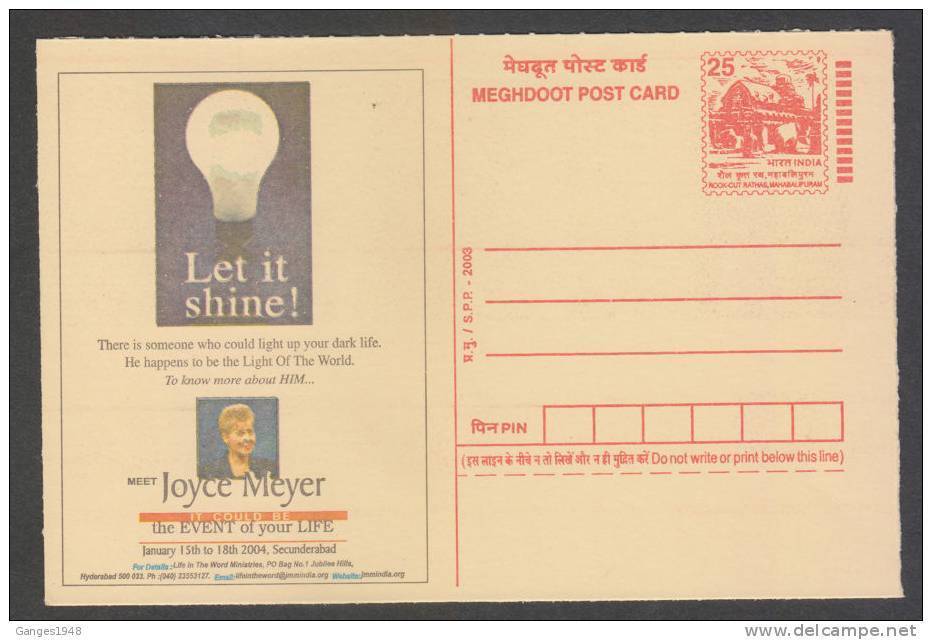 INDIA  2003  Electric Bulb  Let It Shine  Joyce Meyer  PS  Postcard #  32684 Indien Inde - Electricity