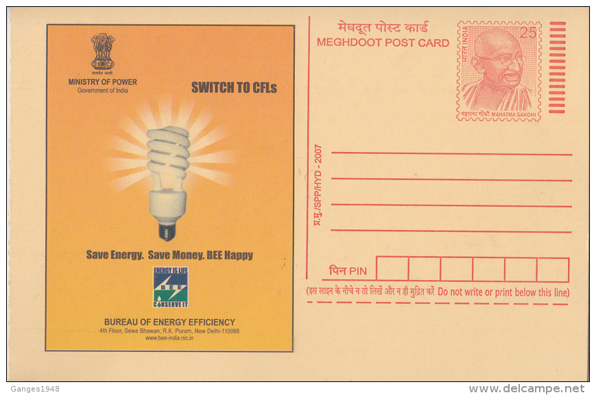 India 2007  Electricity  Save Energy Switch To CFL Gandhi  Postal Stationery Post Card  # 82032  Inde Indien - Electricity