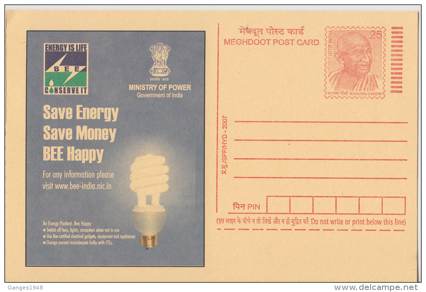 India 2007  Electricity Bulb  Conserve Energy  Mahatma Gandhi  Postal Stationery Post Card  # 82047  Inde Indien - Electricity