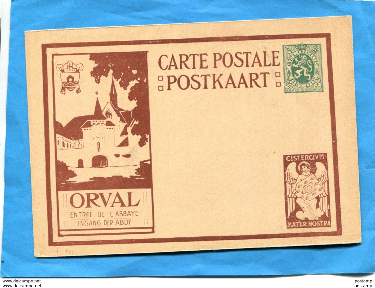 BELGIQUE-carte Entier Postal Stationnery Neuve-illustrée Abbaye ORVAL-35c Vert Cistercium -l'ange - Tarjetas 1934-1951