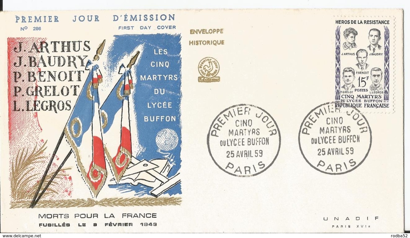 Enveloppe Premier Jour - FDC - 1959 - Marthyrs Lycée Buffon  - Paris - 1950-1959