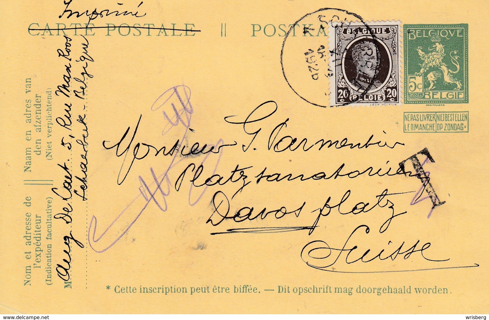 EP 5 C + Complément Obl SCHAERBECK Du 18.10.1926 Adressée à Davos Taxé - 1922-1927 Houyoux