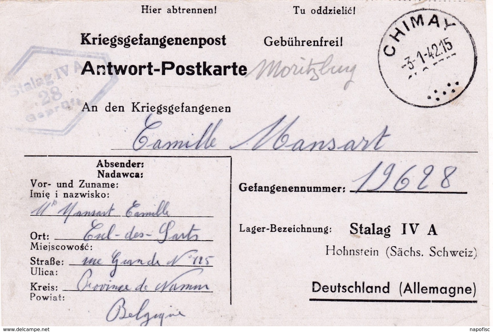 Kriegsgefangenenpost  Chimay Hainaut Belgien> Stalag IV A Hohnstein 1942 - Lettres & Documents