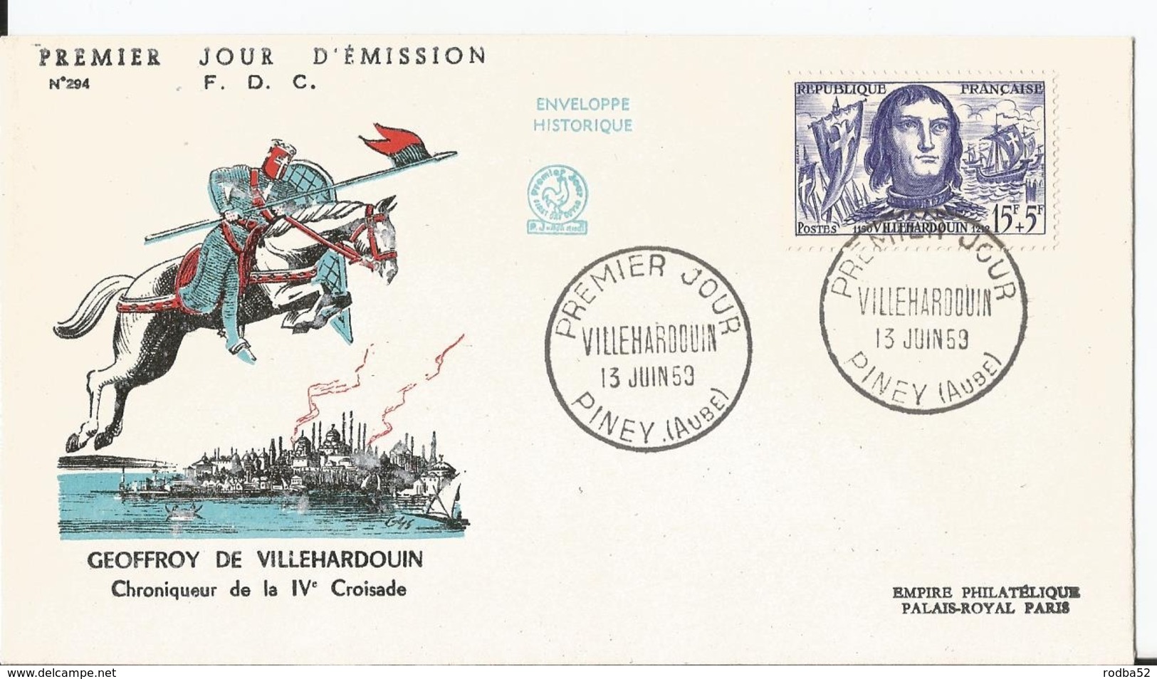 Enveloppe Premier Jour - FDC - 1959 - Geoffroy De Villehardouin  - Piney Aube - 1950-1959