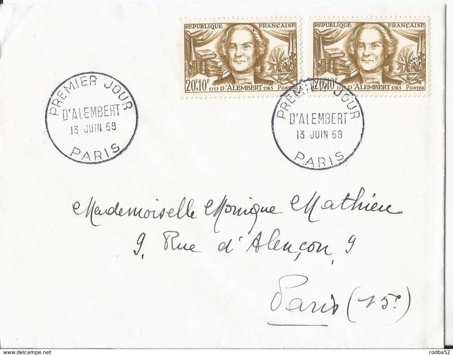 Enveloppe Premier Jour - FDC - 1959 -  D'Alembert - 1950-1959