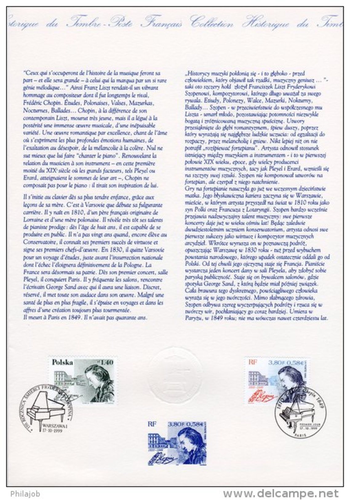 " CHOPIN / EMISSION COMMUNE FRANCE - POLOGNE " Sur Doc Philatélique Officiel 4 Pages De 1999.  N° YT 3287 + - Non Classés