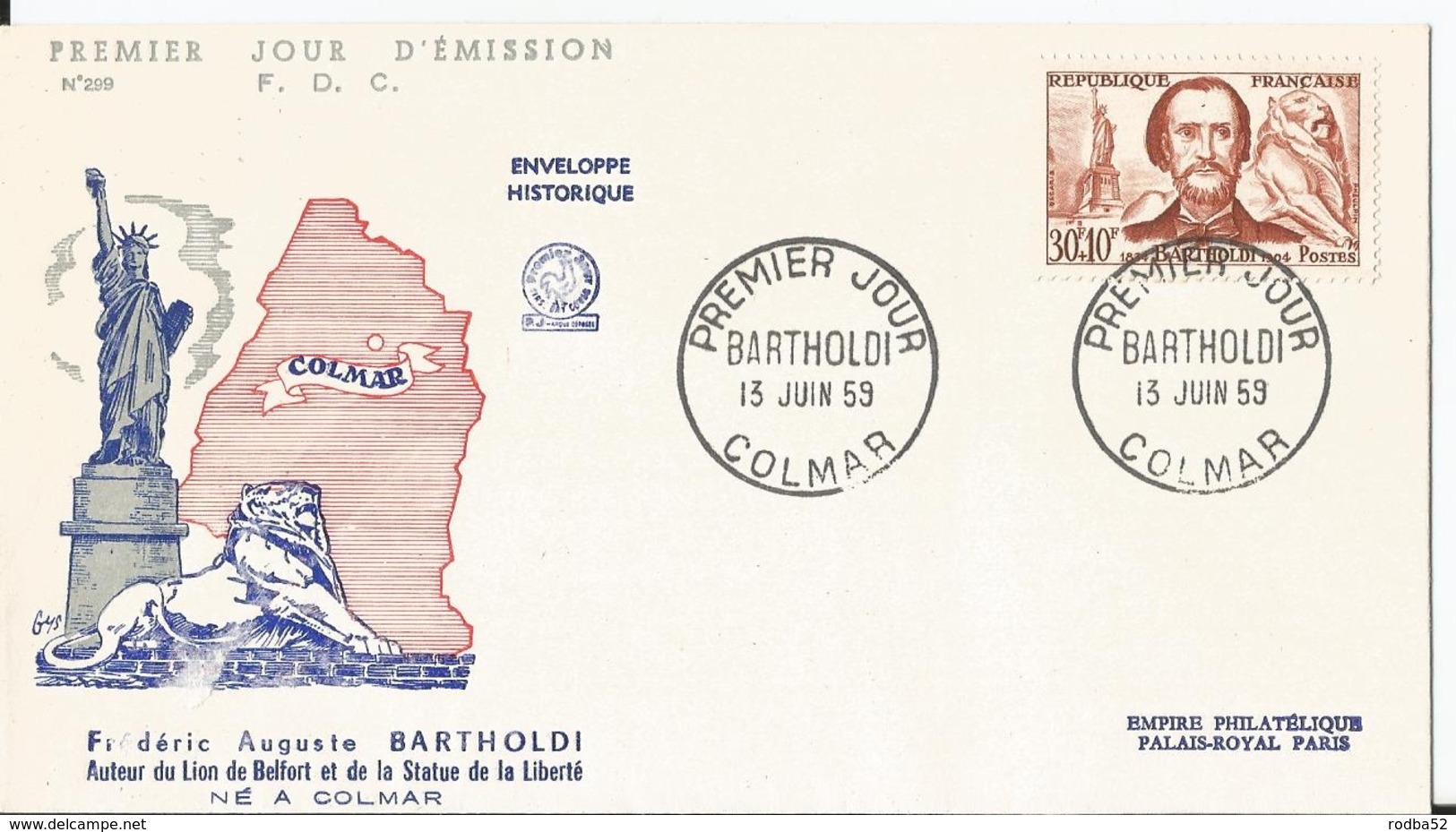 Enveloppe Premier Jour - FDC - 1959 -  Bartholdi - Colmar - 1950-1959