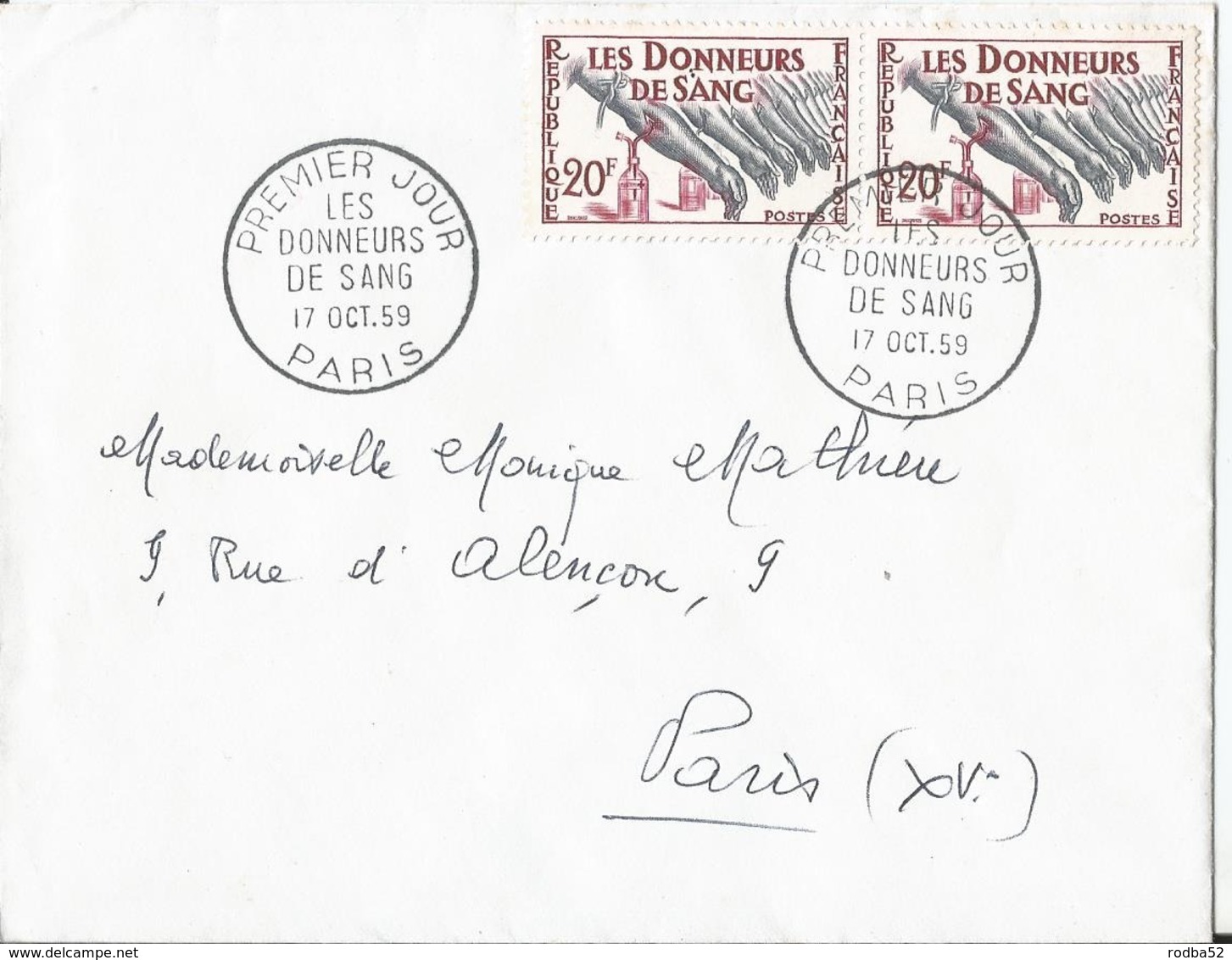 Enveloppe Premier Jour - FDC - 1959 - Donneurs De Sang - Paris - 1950-1959