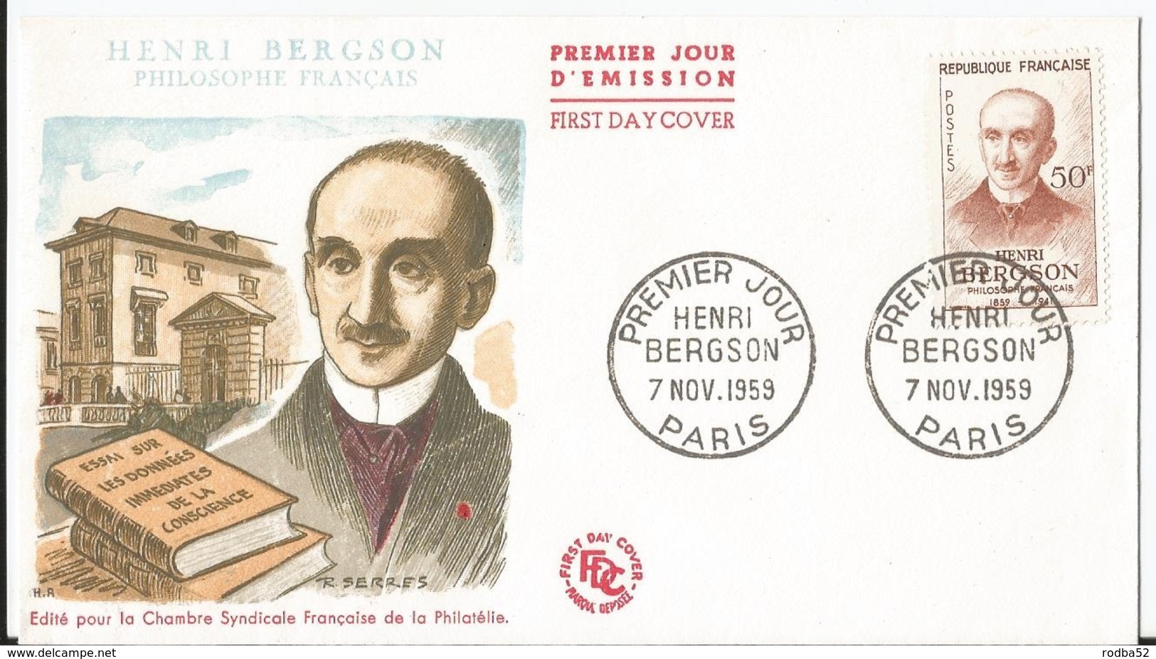 Enveloppe Premier Jour - FDC - 1959 - Henri Bergson  - Paris - 1950-1959