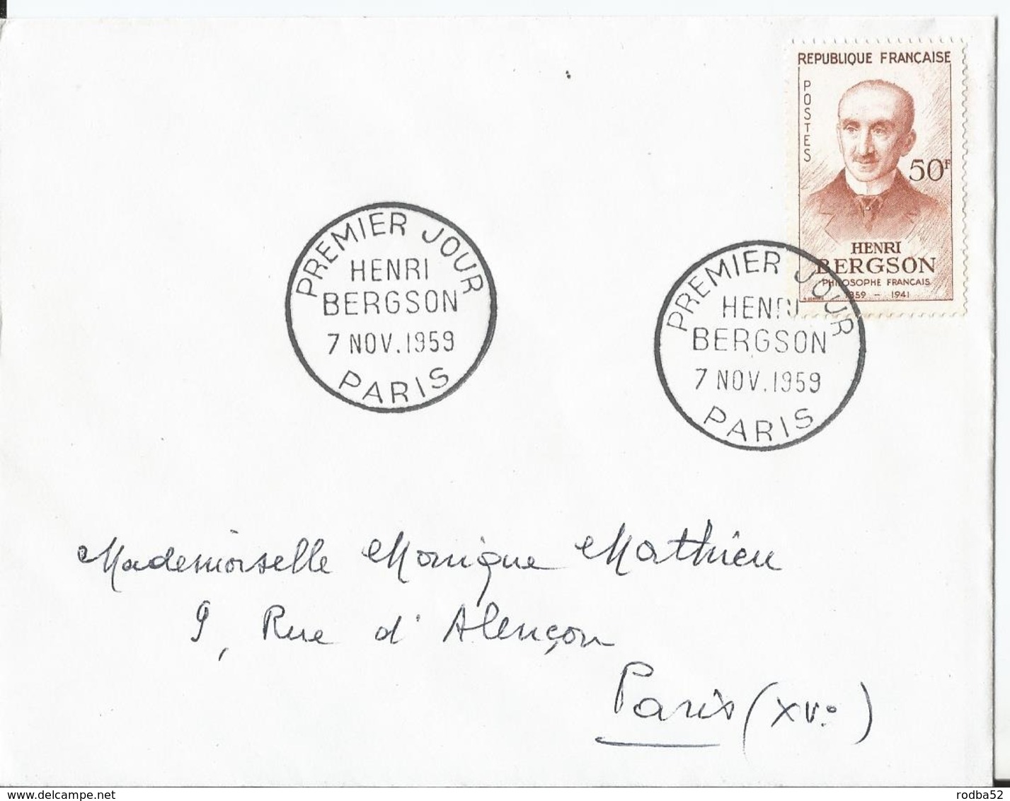 Enveloppe Premier Jour - FDC - 1959 - Henri Bergson  - Paris - 1950-1959