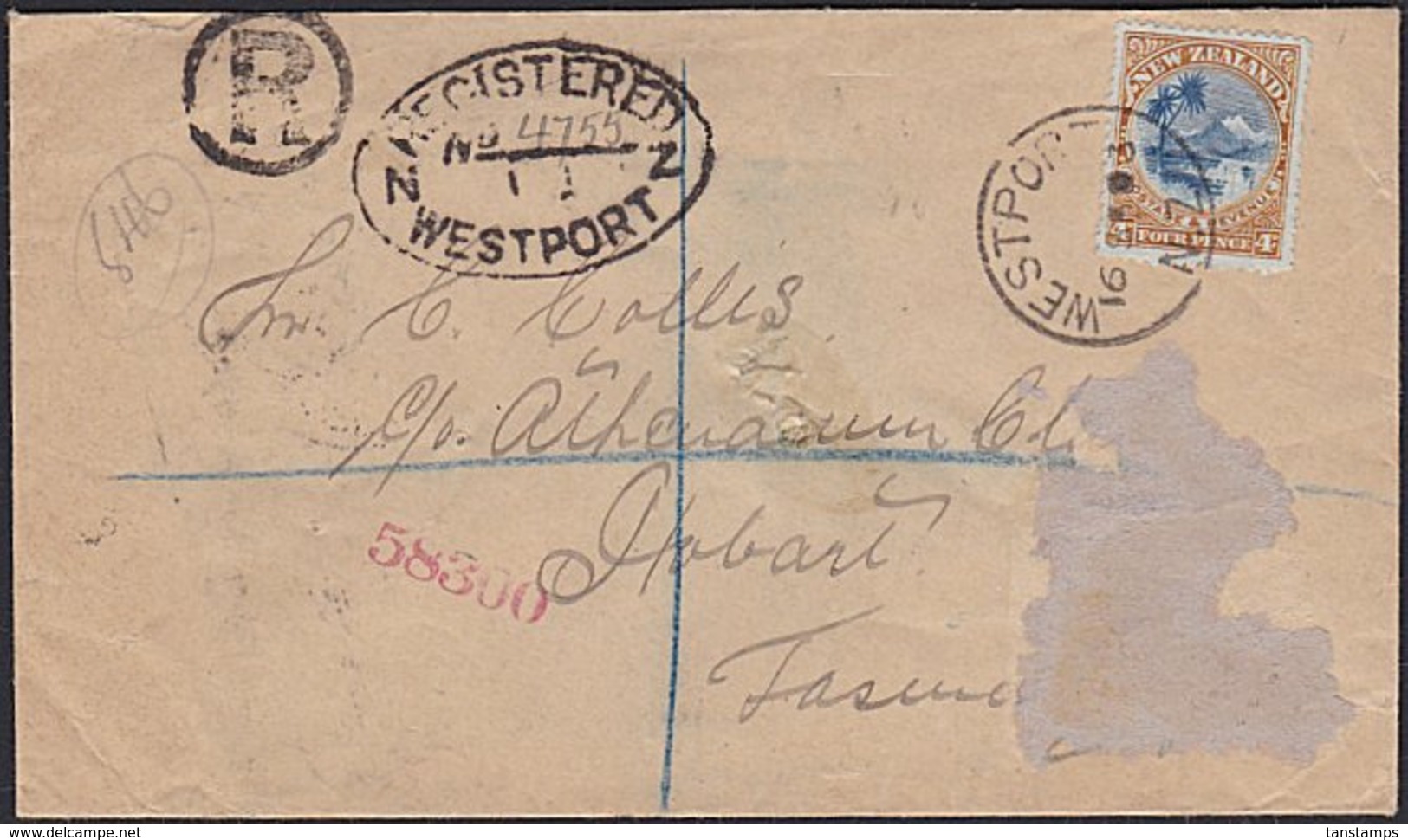 NEW ZEALAND - TASMANIA RARE WESTPORT REGISTERED 1903 - Covers & Documents