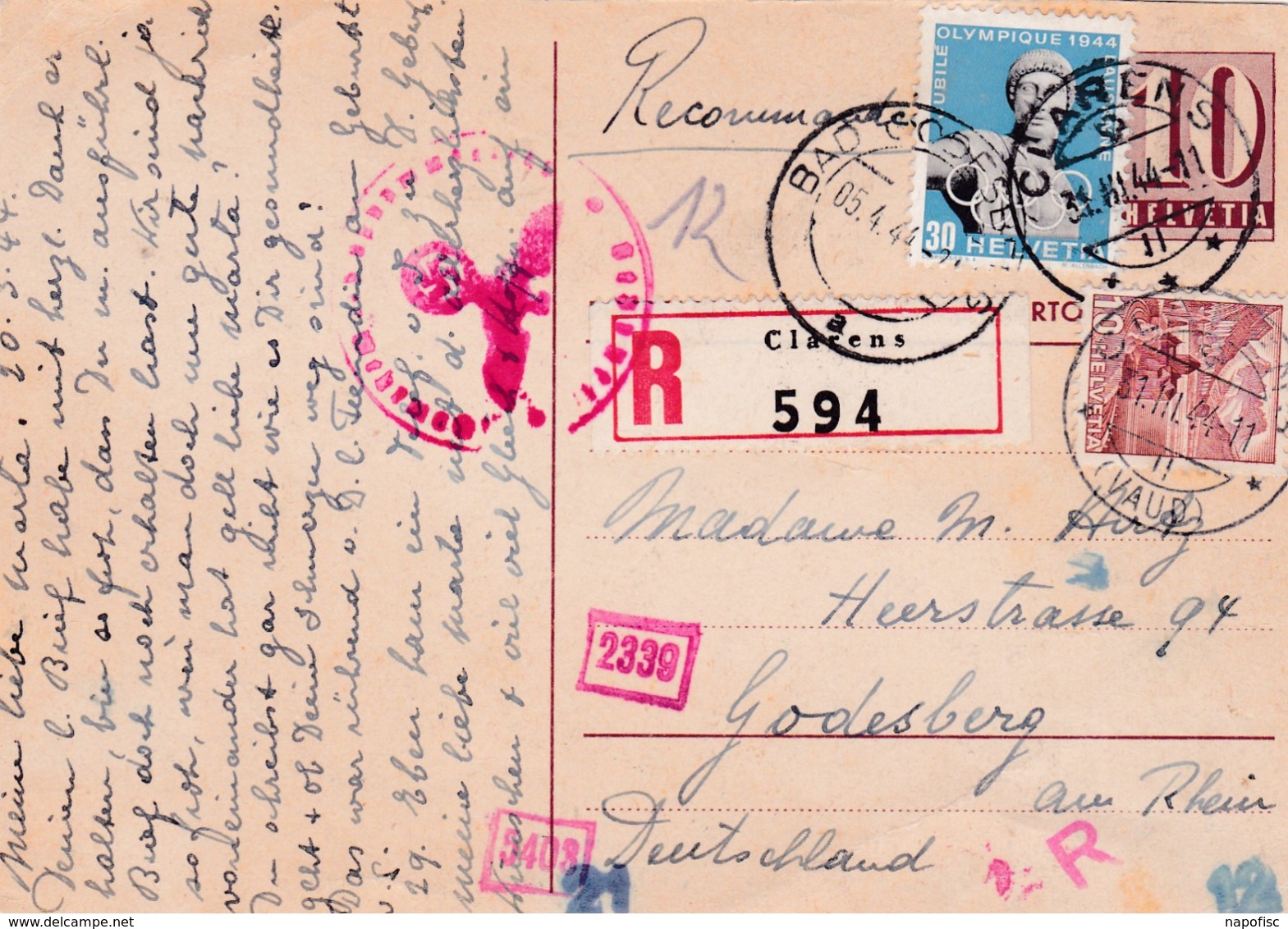 Lettre Recommandée Clarens (Vaud)>Godesberg (Allemagne) 1944 - Lettres & Documents