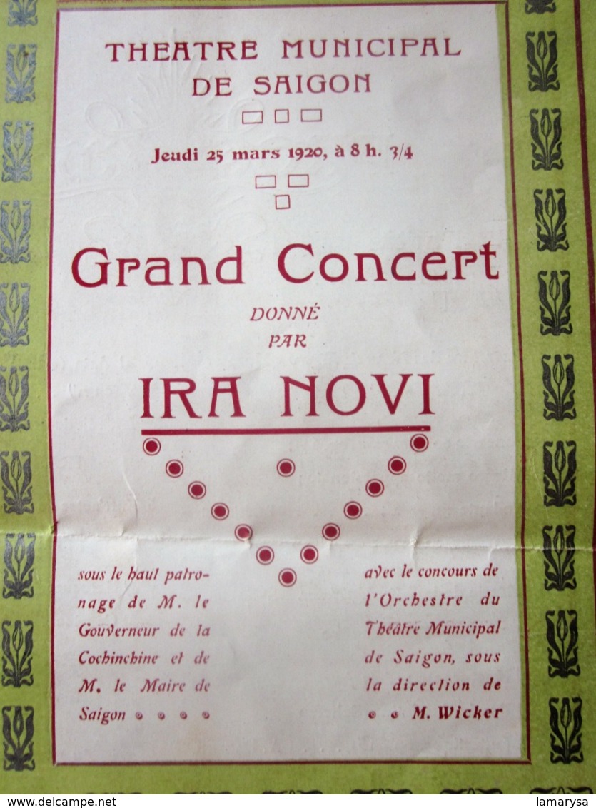 25-3-1920 Saïgon INDOCHINE THÉÂTRE MUNICIPAL CONCERT MUSIQUE MUSICAL IRA NOVI -LIRE COMPTE RENDU DE LA PRESSE 1907 - Programmes