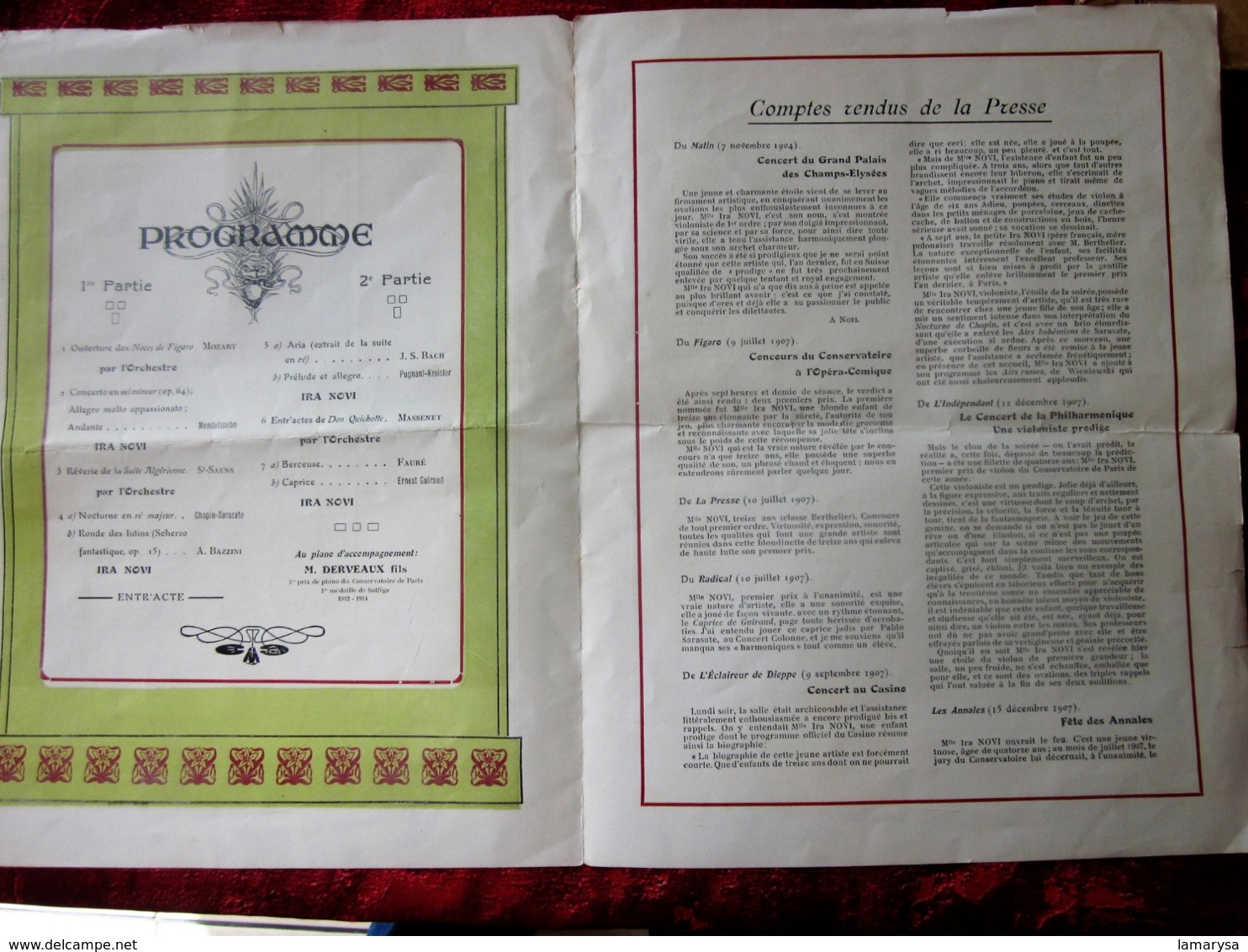 25-3-1920 Saïgon INDOCHINE THÉÂTRE MUNICIPAL CONCERT MUSIQUE MUSICAL IRA NOVI -LIRE COMPTE RENDU DE LA PRESSE 1907 - Programmes