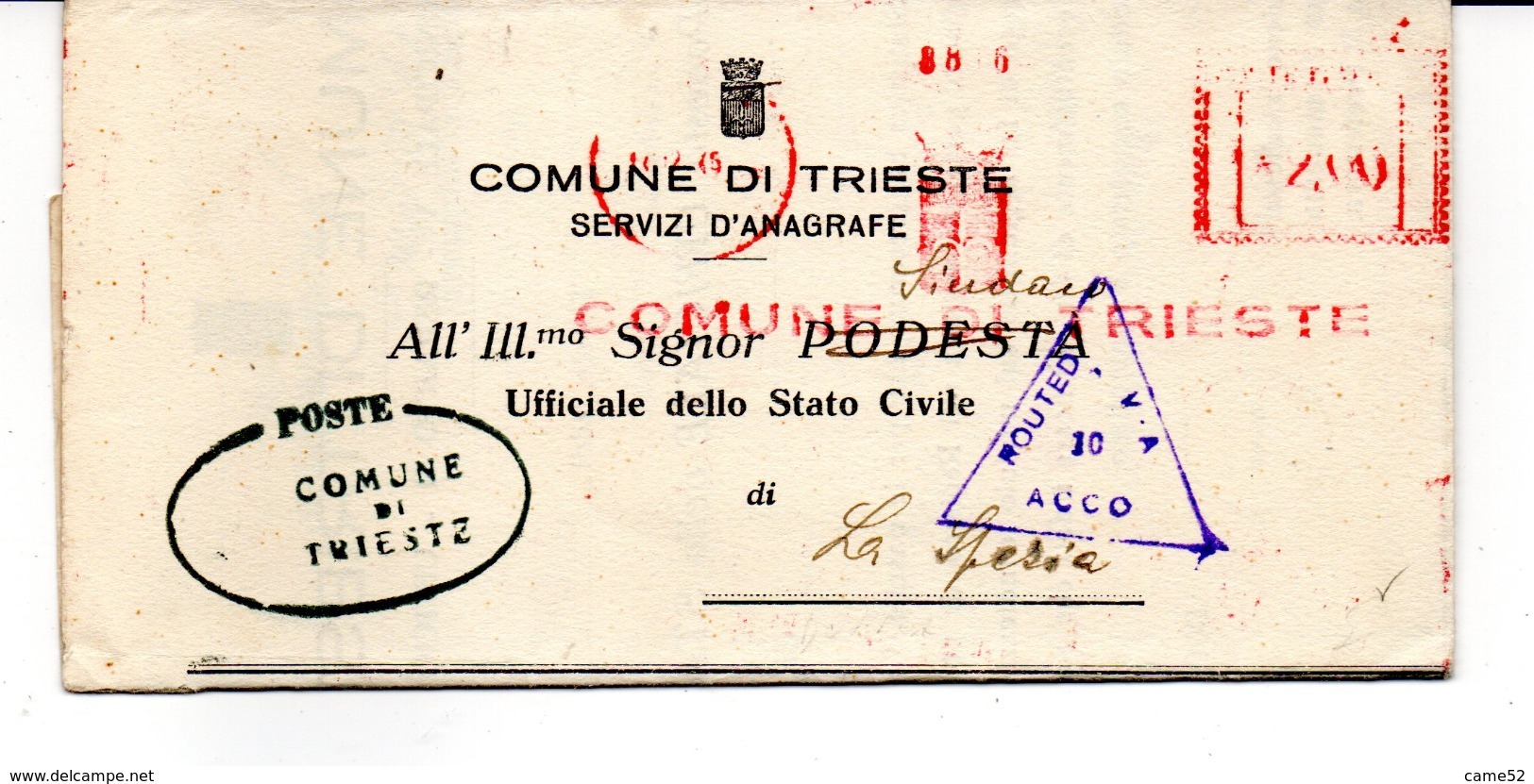 1945 EMA Affrancatura Meccanica Rossa Freistempel Comune Di Trieste Scalpellata Su Rispedizione Da La Spezia EMA Comune - Macchine Per Obliterare (EMA)