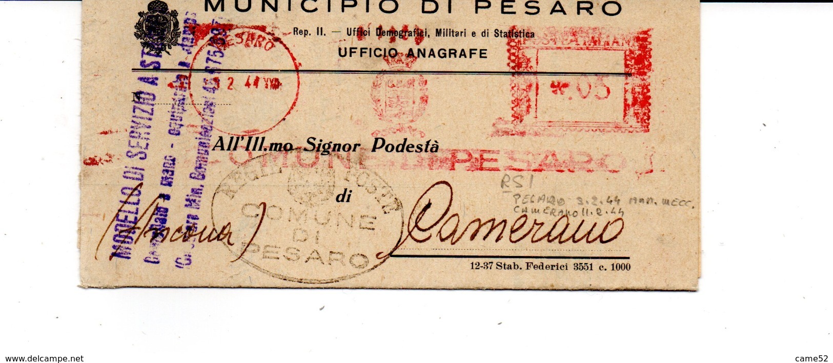 1944 EMA Affrancatura Meccanica Rossa Freistempel Comune Di Pesaro Su Modulo Anagrafico - Macchine Per Obliterare (EMA)