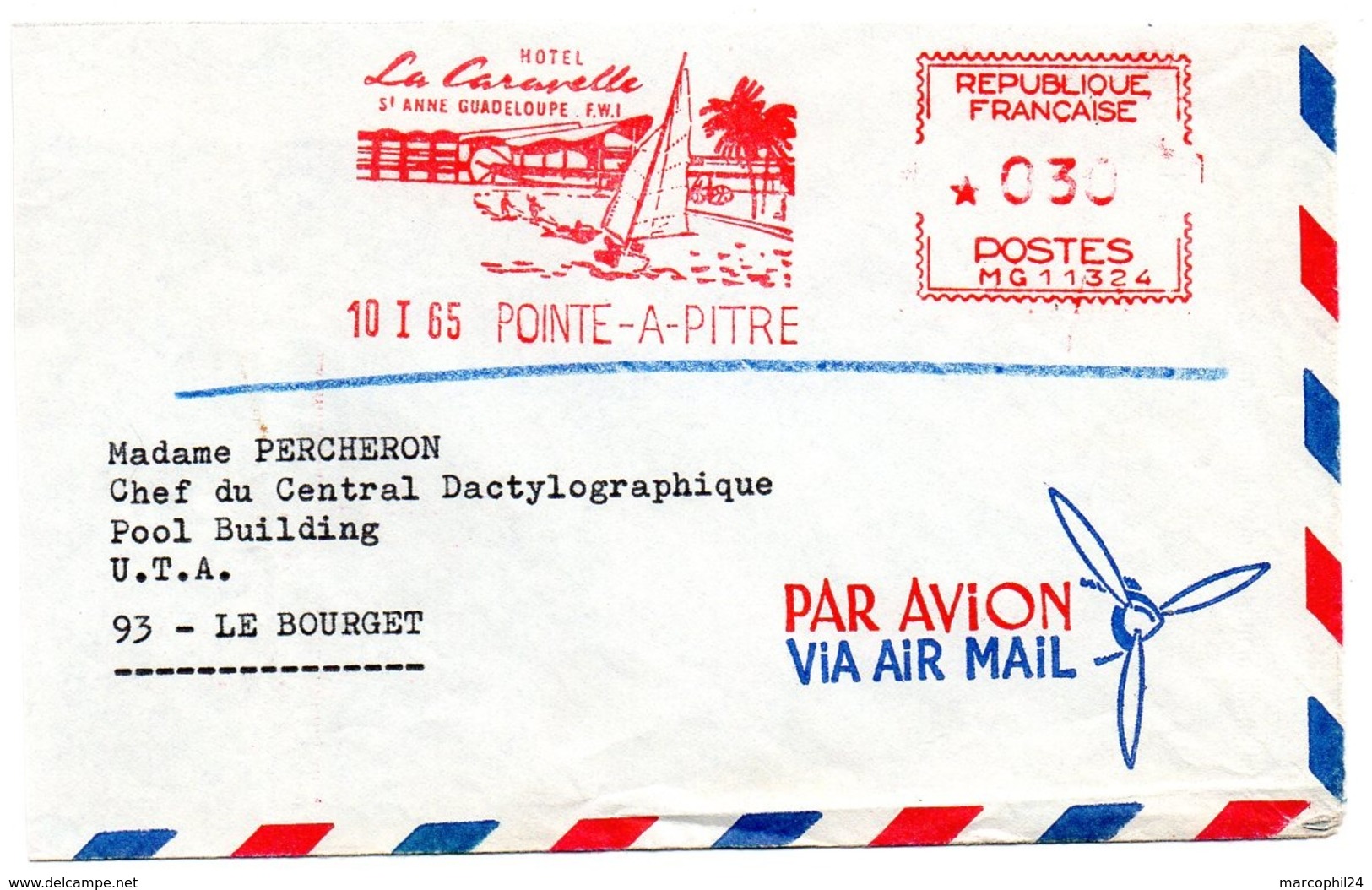 MARINE = GUADELOUPE / POINTE A PITRE 1965 = EMA Illustrée D' Un VOILIER = ' HOTEL LA CARAVELLE' - EMA (Empreintes Machines à Affranchir)