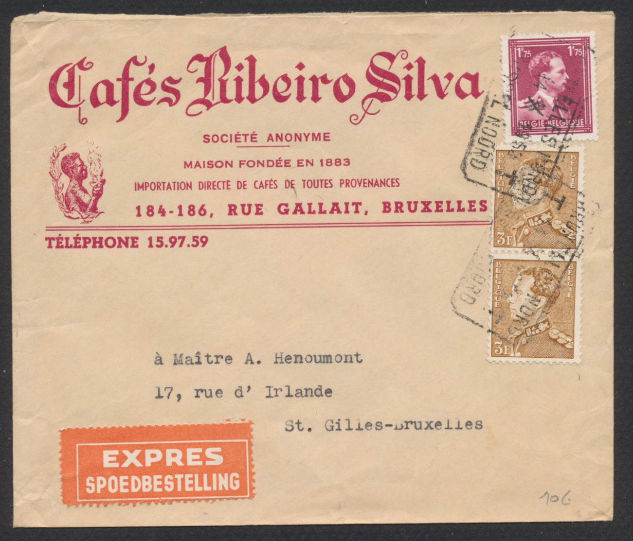 Affranch. Mixte (Poortman / Col Ouvert) Sur Lettre Illustrée "Cafés Ribeiro Silva" + Obl Télégraphe-téléphone Bruxelles - 1936-51 Poortman