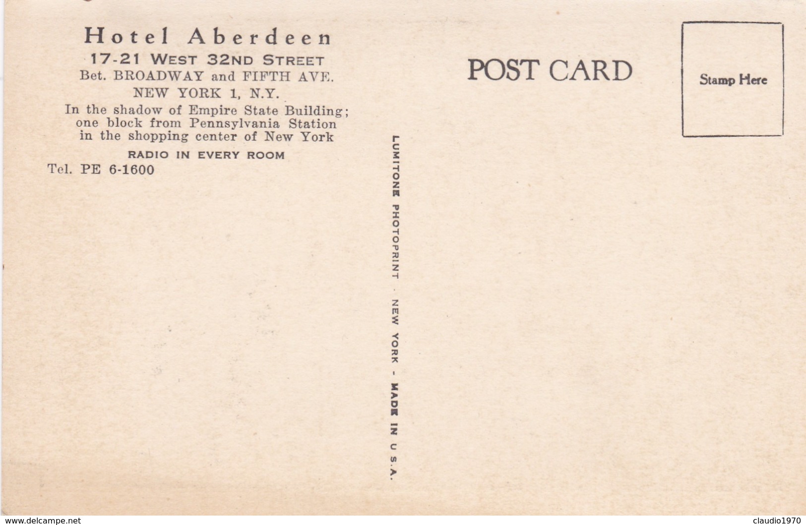 CARTOLINA - POSTCARD - STATI UNITI - NEW YORK - HOTEL ABERDEEN - Bar, Alberghi & Ristoranti