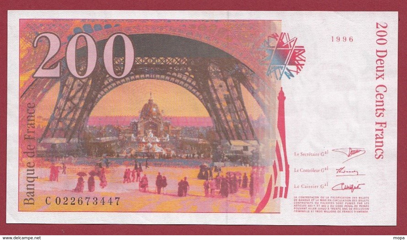 200 Francs "Eiffel" 1997 --XF/SUP+---ALPH -S- Numéro -- 022673447 - 200 F 1995-1999 ''Eiffel''