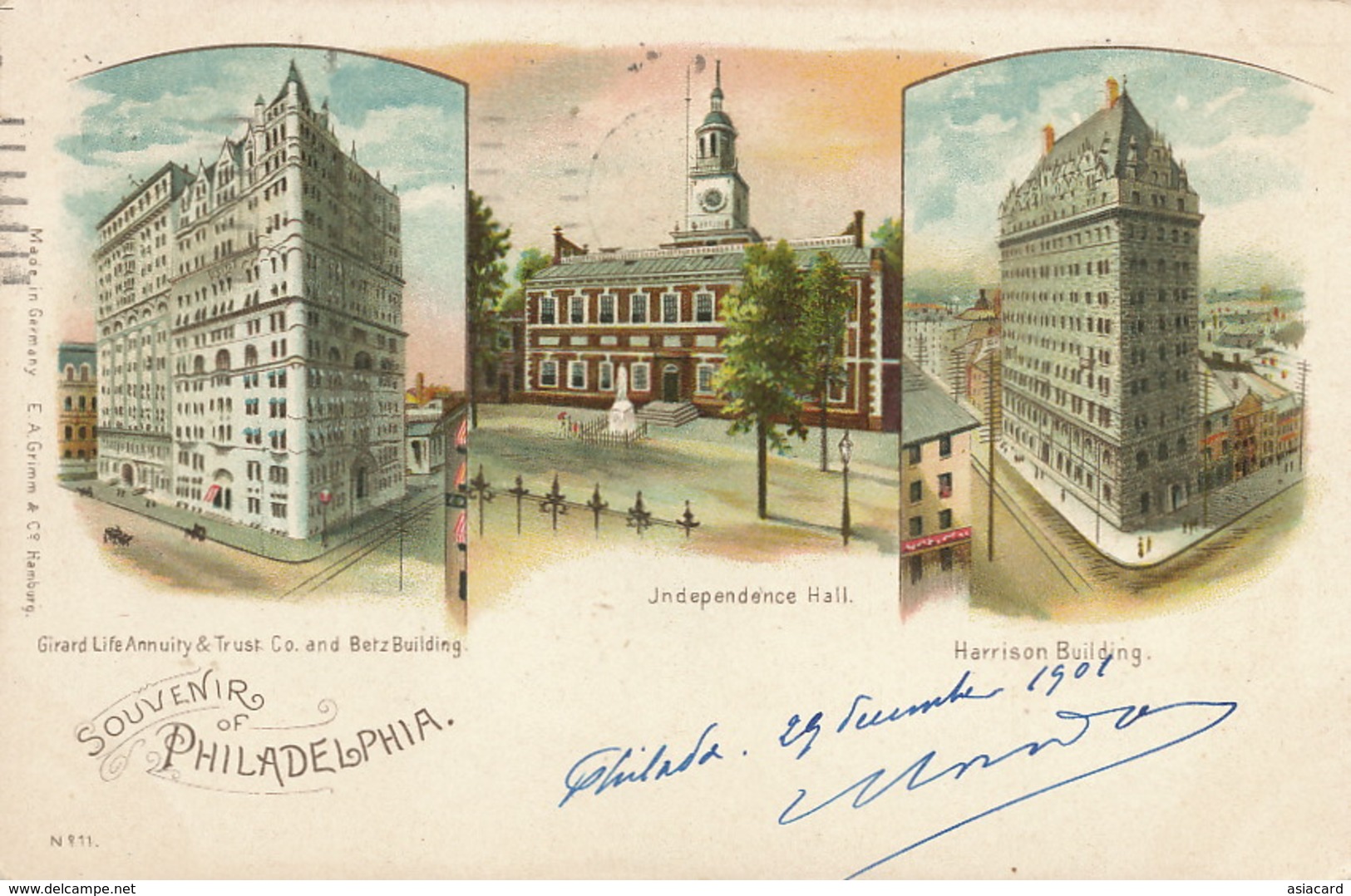 Pionneer Souvenir Of Philadelfia Litho Color Grimm Hamburg Girard Life Annuity And Trust , Harrison Building . P.U. 1901 - Philadelphia