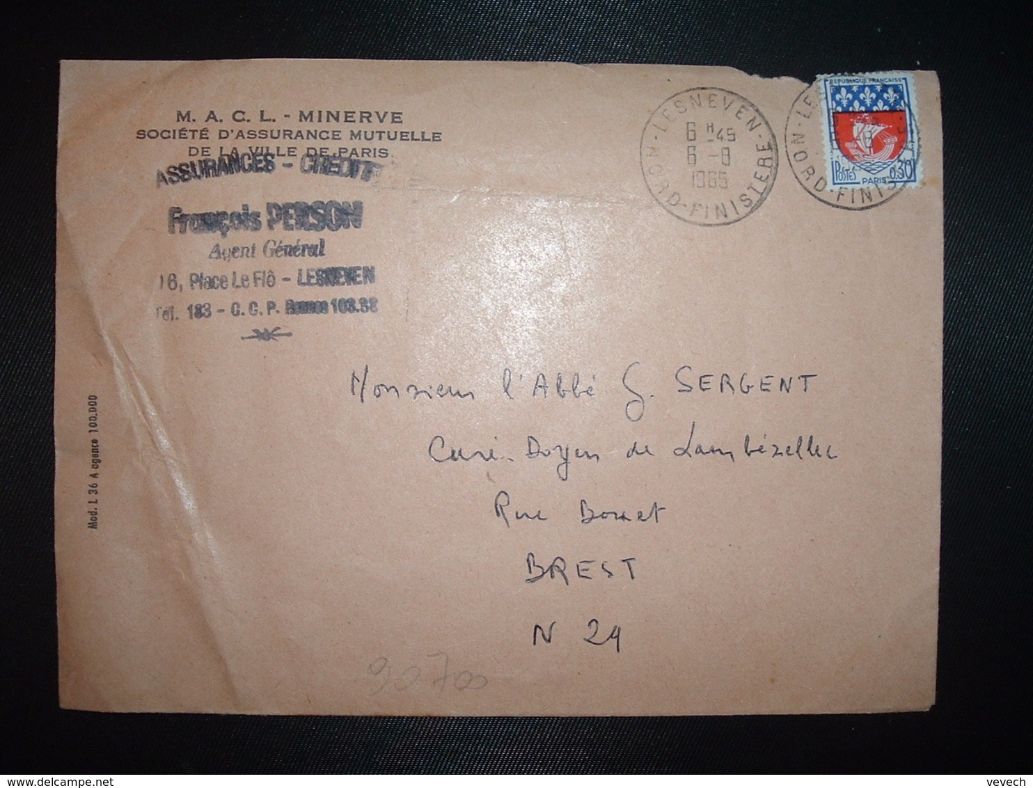 LETTRE TP BLASON PARIS 0,30 OBL.6-8 1965 >LESNEVEN NORD FINISTERE (29) ASSURANCES FRANCOIS PERSON - Cachets Manuels