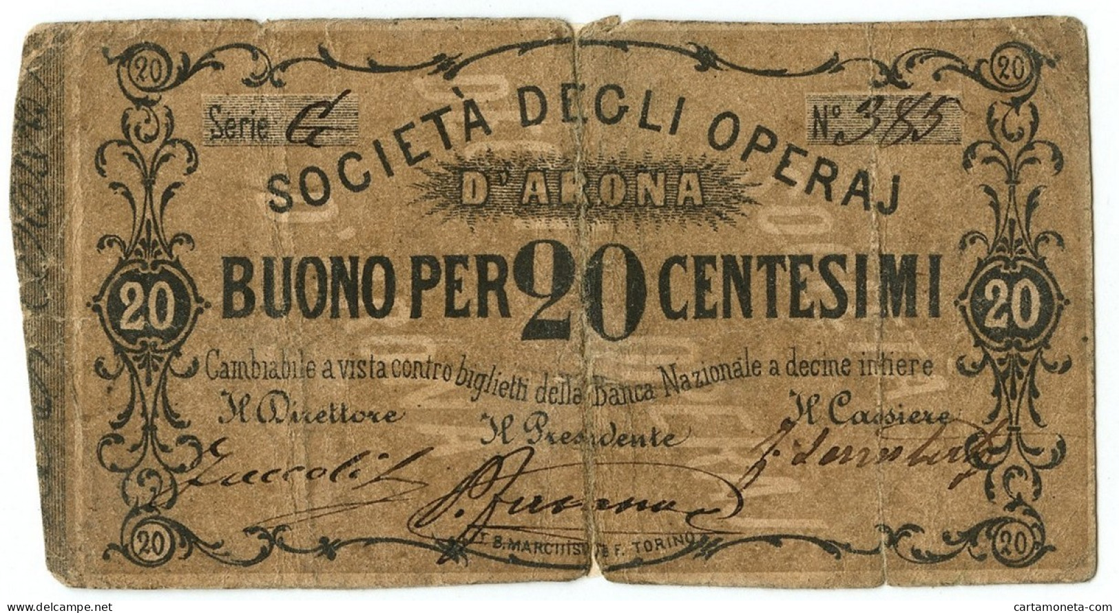 20 CENTESIMI CARTA GIALLA BIGLIETTO FIDUCIARIO SOCIETÀ OPERAJ D'ARONA MB/BB - Altri & Non Classificati