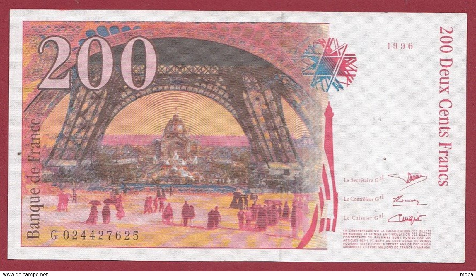 200 Francs "Eiffel" 1996 --VF/SUP---ALPH -G- Numéro -- 024427625 - 200 F 1995-1999 ''Eiffel''