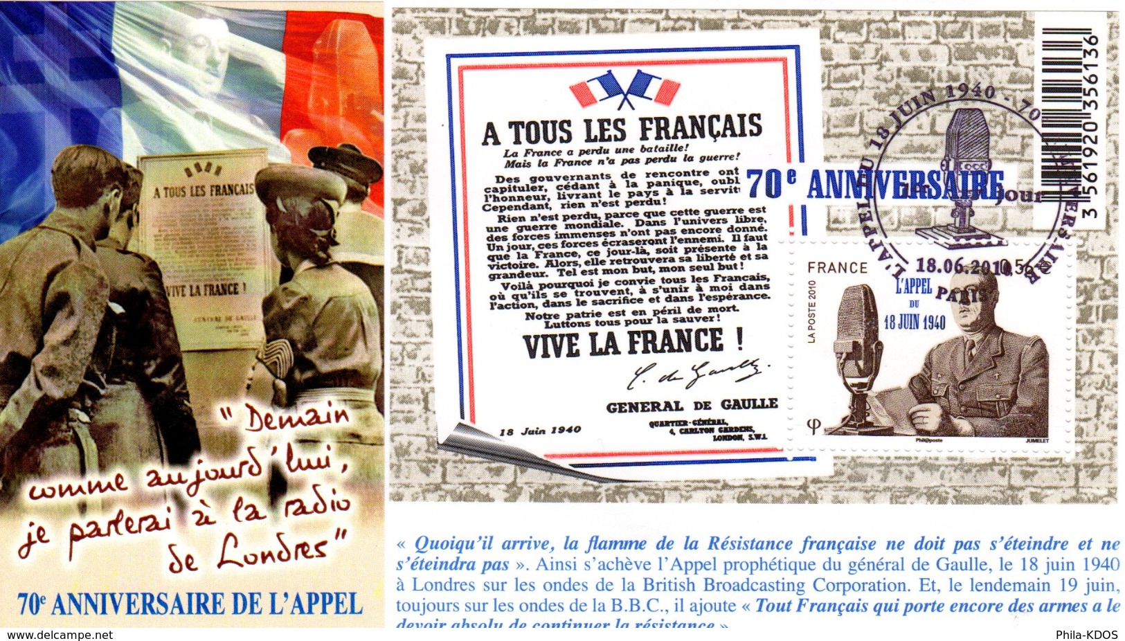 " DE GAULLE : 70 ANS DE L'APPEL DU 18 JUIN 1940 " Sur Enveloppe 1er Jour De 2010. N° YT 4493. Parfait état. FDC - De Gaulle (General)