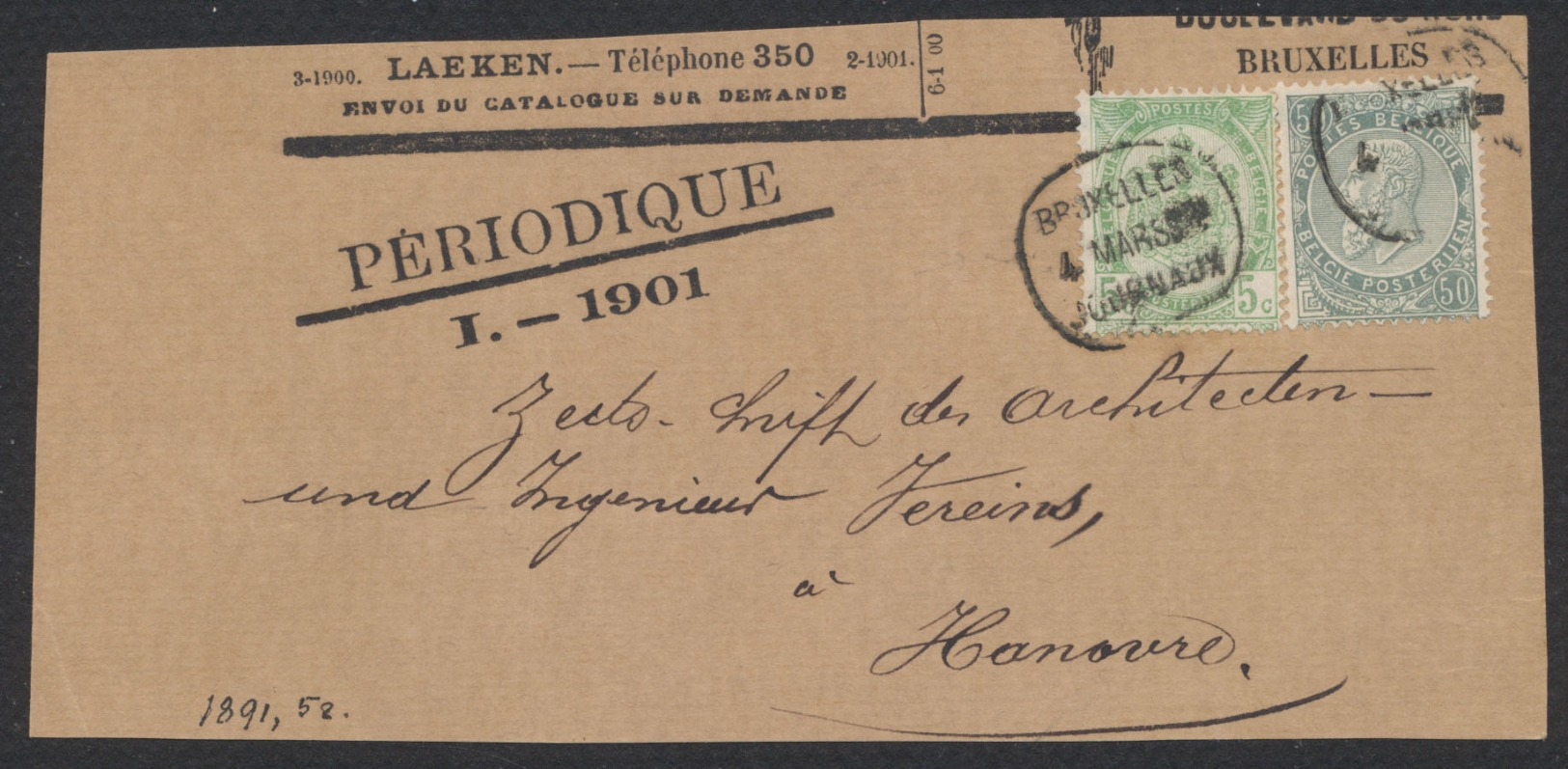 Fine Barbe - N°56 Et 63 Sur DEVANT De Bande Imprimé Pour Journal "Le Périodique" (11 Port) + Obl Journal Vers Hanovre - 1893-1900 Fijne Baard