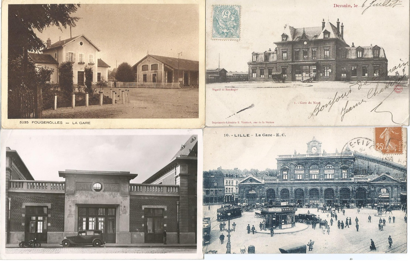 CPA 1350--TRAINS - 4 GARES - Fougerolles - Denain - Denain - Lille  Avec  Belles Animations - Estaciones Sin Trenes