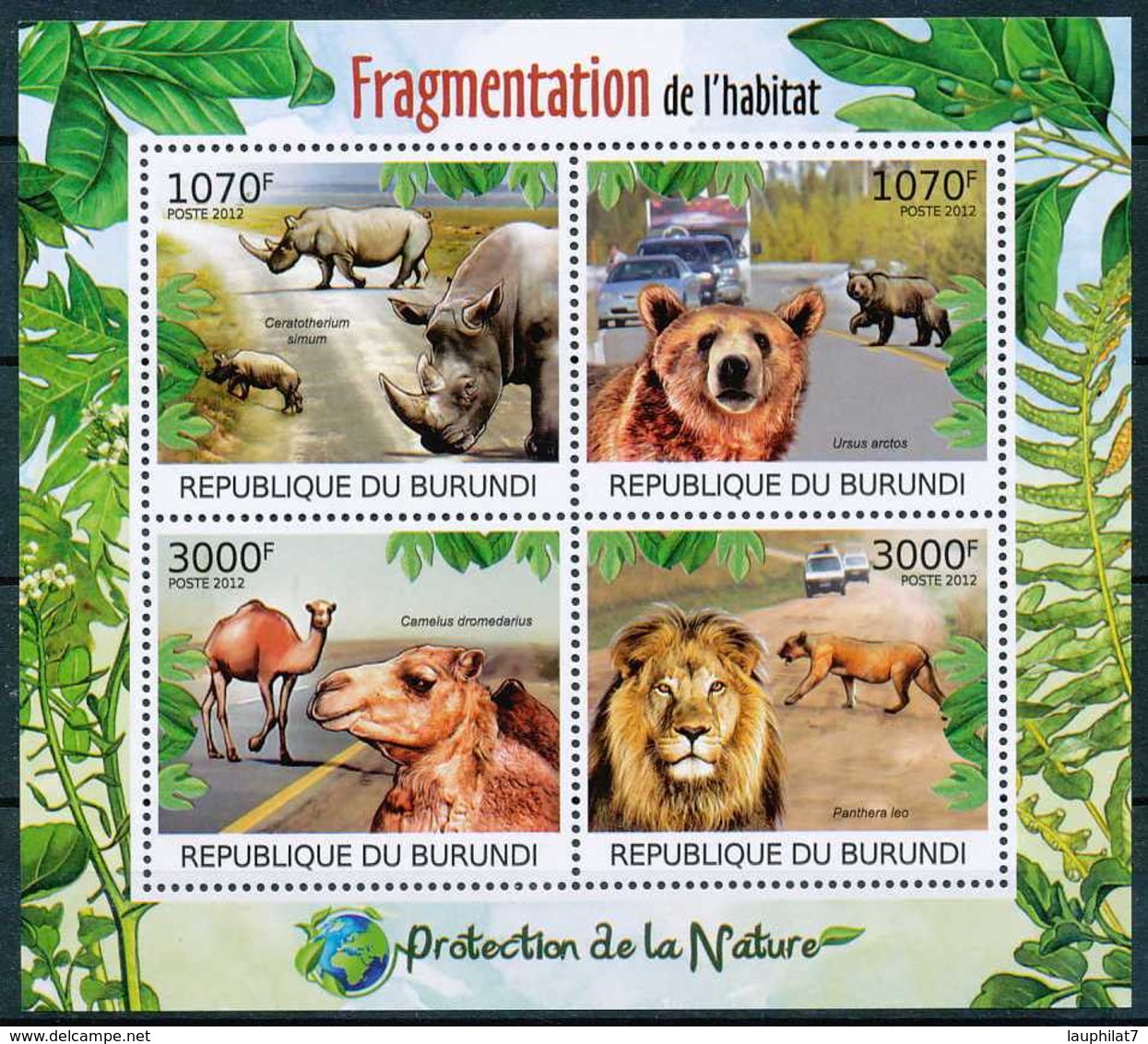 [32153]SUP//**/Mnh-c:18e-BURUNDI 2012 - Fragmentation De L'habitat, Animaux Divers, Rhinocéros, Ours, Dromadaire, Lions - Sonstige & Ohne Zuordnung