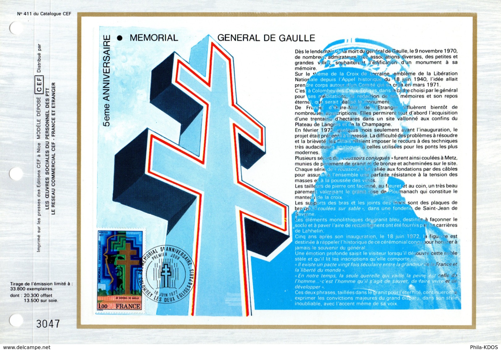 "  MEMORIAL AU GENERAL DE GAULLE " Sur Feuillet CEF N°té De 1977 N° YT 1941 Parfait état FDC - De Gaulle (General)