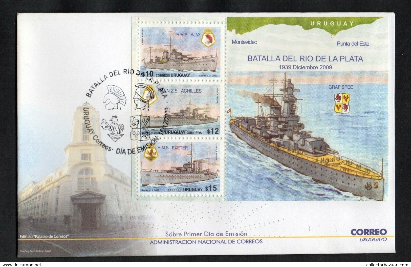 WWII BATTLE OF RIVER PLATE GRAFF SPEE SHIP WARSHIP BOAT URUGUAY Sc#2284 FDC Cover Military - WW2