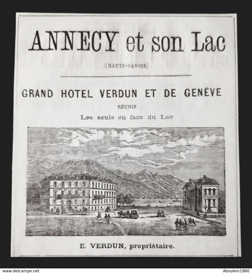 1875 GRAND HOTEL VERDUN ET DE GENEVE ANNECY HAUTE SAVOIE ALPES SUISSE LAC PUBLICITE ANCIENNE ANTIQUE ADVERTISING 19 Th - Publicités