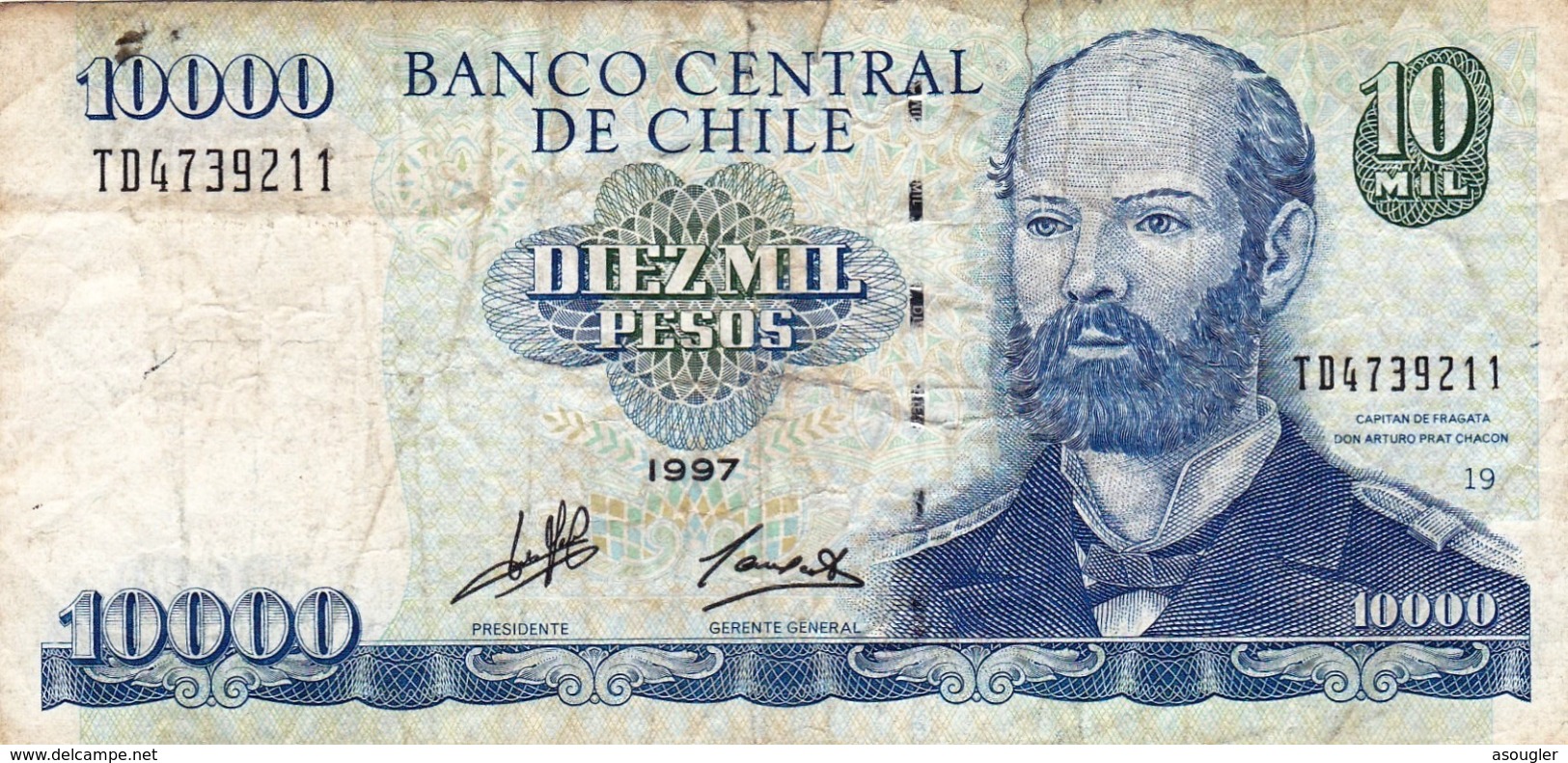 CHILE 10000 PESOS 1997 VG-F P-157b "free Shipping Via Registered Air Mail" - Chili