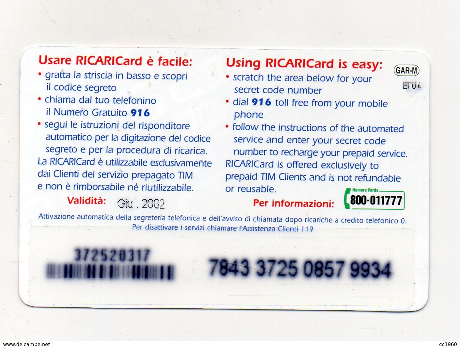 Ricarica Telefonica " TIM " Da Lire 50.000 - Usata - Validità 6.2002 - (FDC17602) - Cartes GSM Prépayées & Recharges