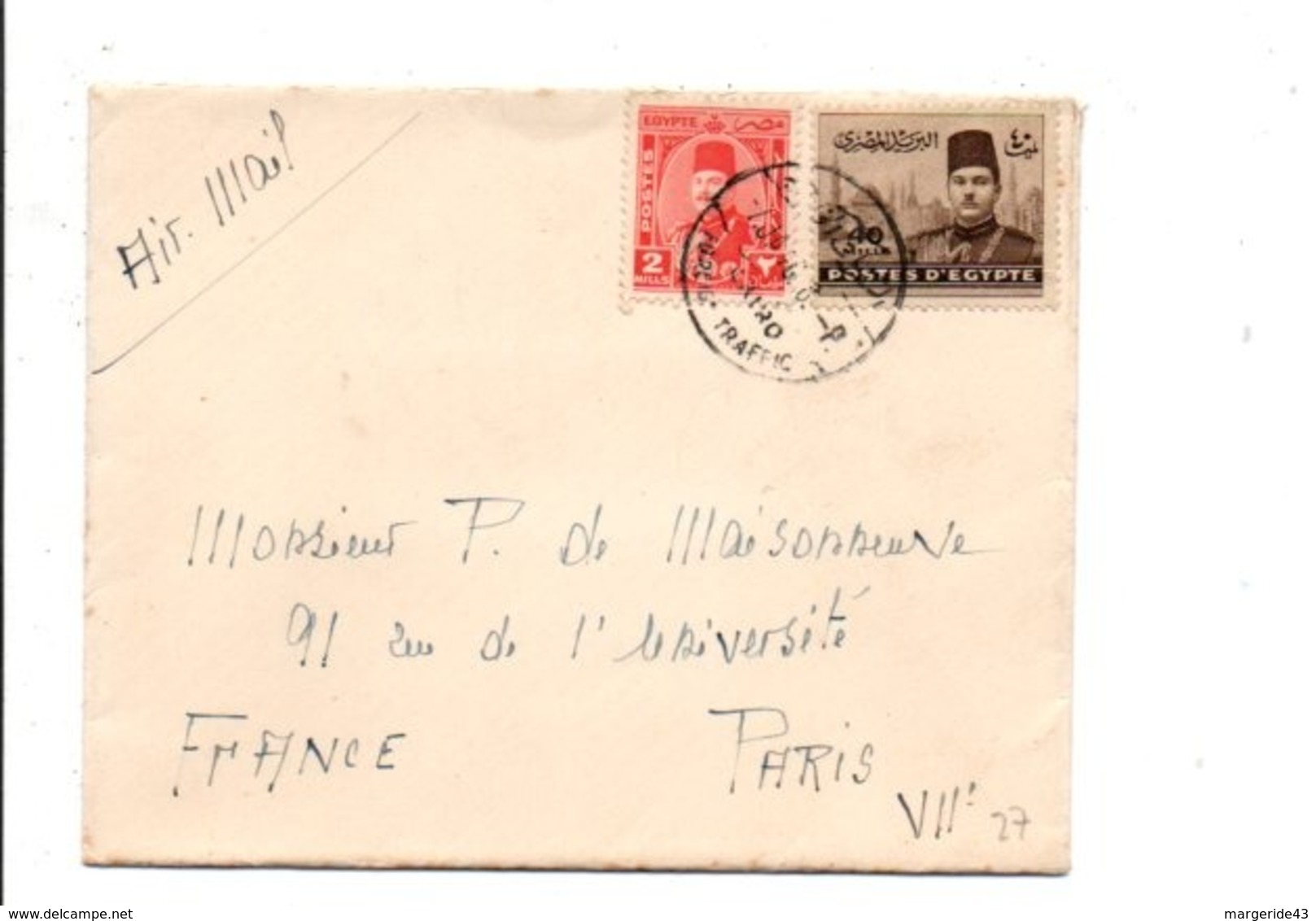 EGYPTE LETTRE DU CAIRE FOREIGN TRAFFIC POUR LA FRANCE 1946 - Storia Postale