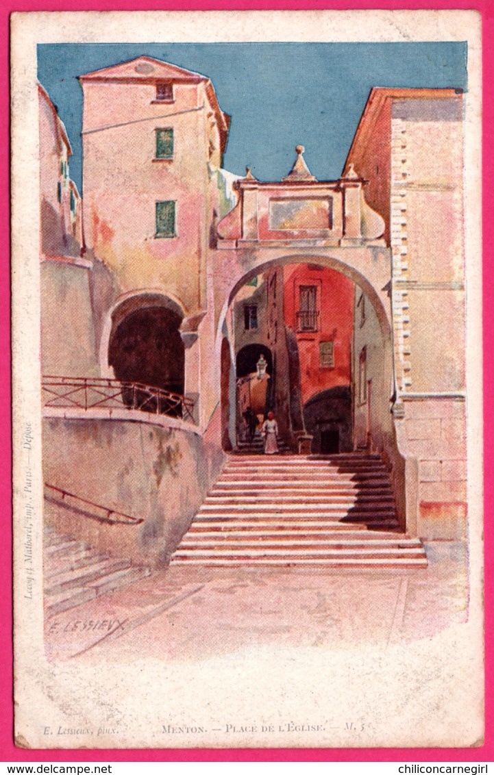 Litho LESSIEUX - Menton Place De L'église - Imp. LECOQ Et MATHOREL - CHOCOLATS & THE DE LA Cie COLONAILE - Lessieux