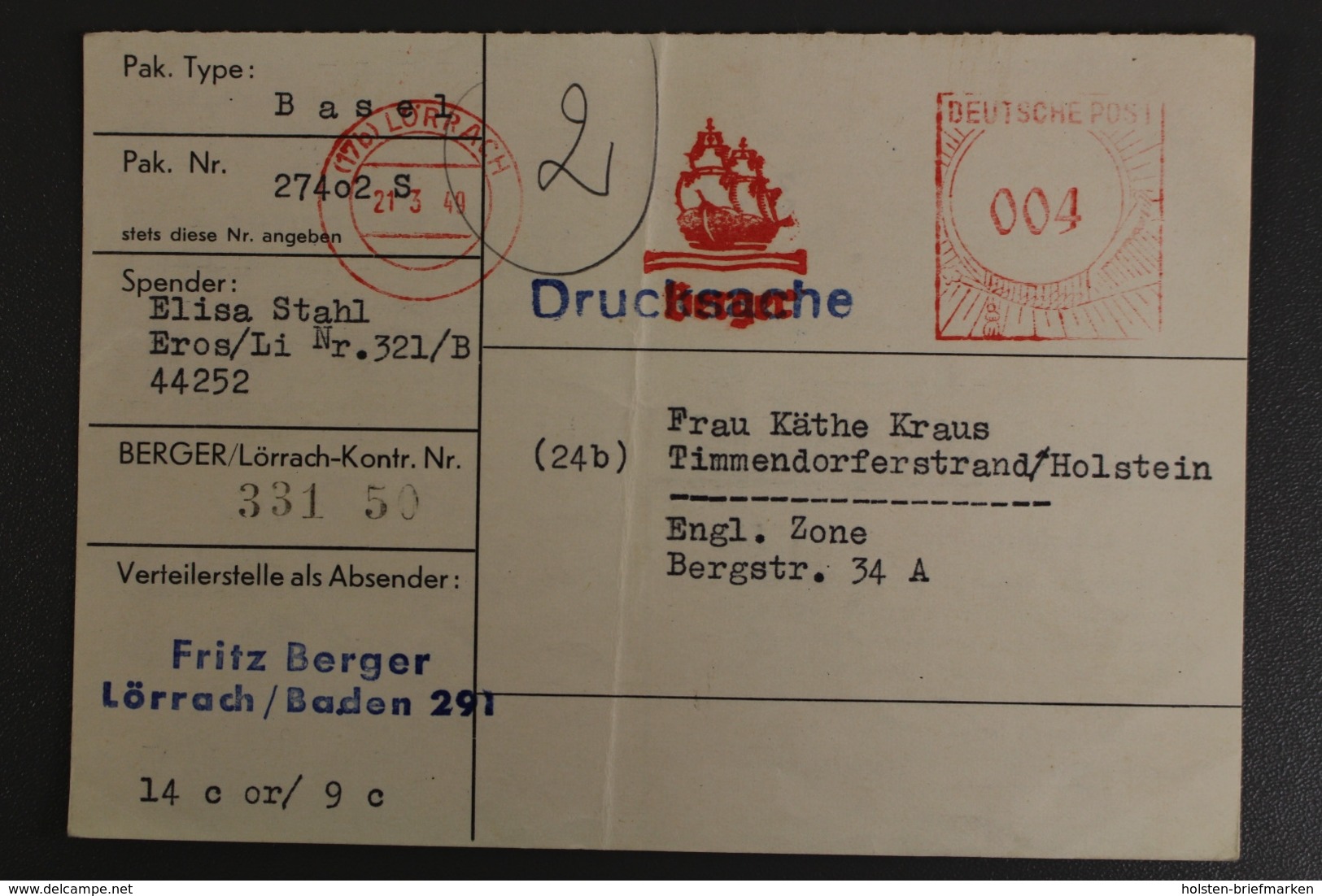 Lörrach, Liebesgabenpaket Empfangsbescheinigung, Paket Aus Basel, 1949 - Sonstige & Ohne Zuordnung