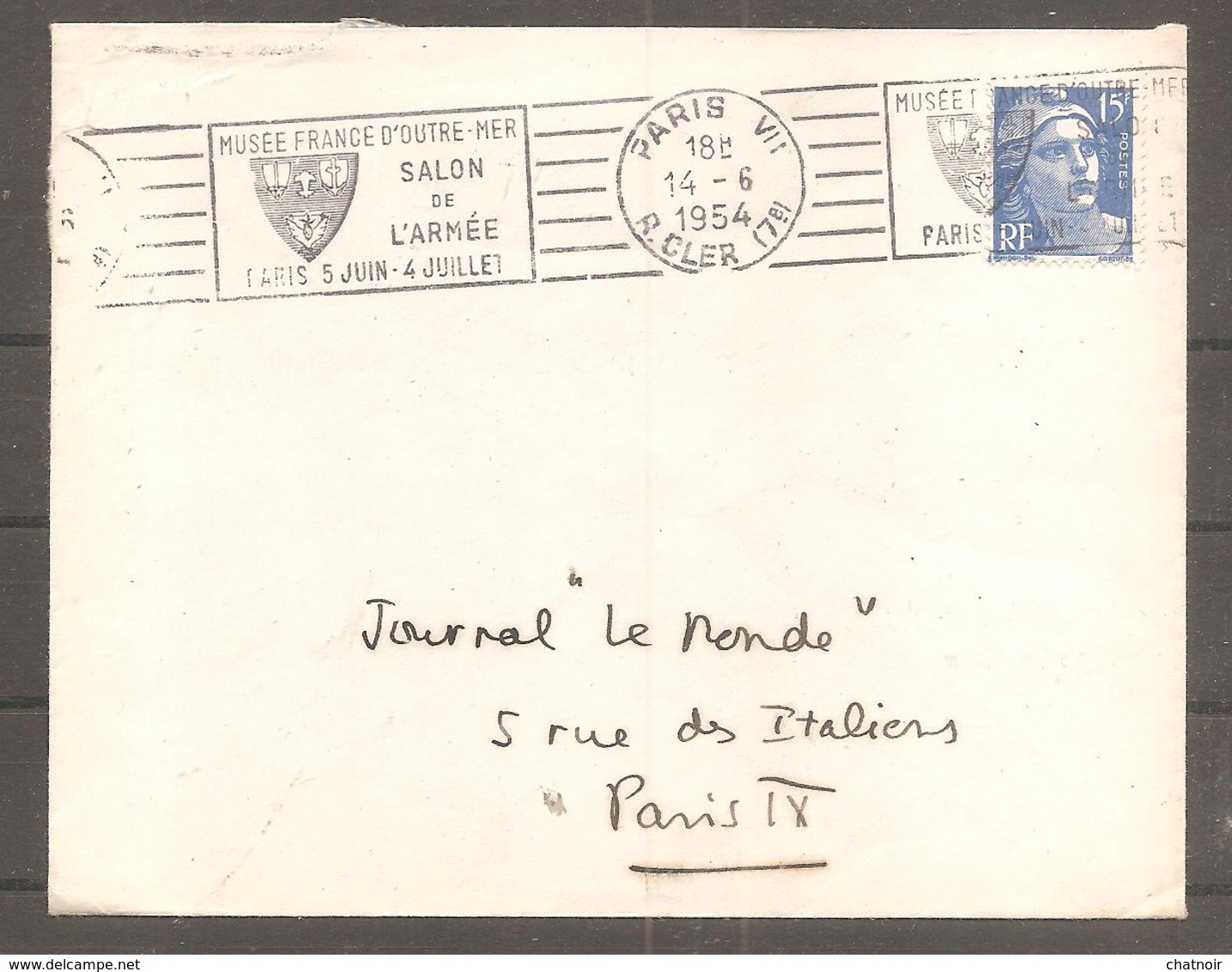 Enveloppe Oblit PARIS  Musee  France D Outre Mer  Salon De L Armee    1954  Sur 15 F Gandon - Cartas & Documentos