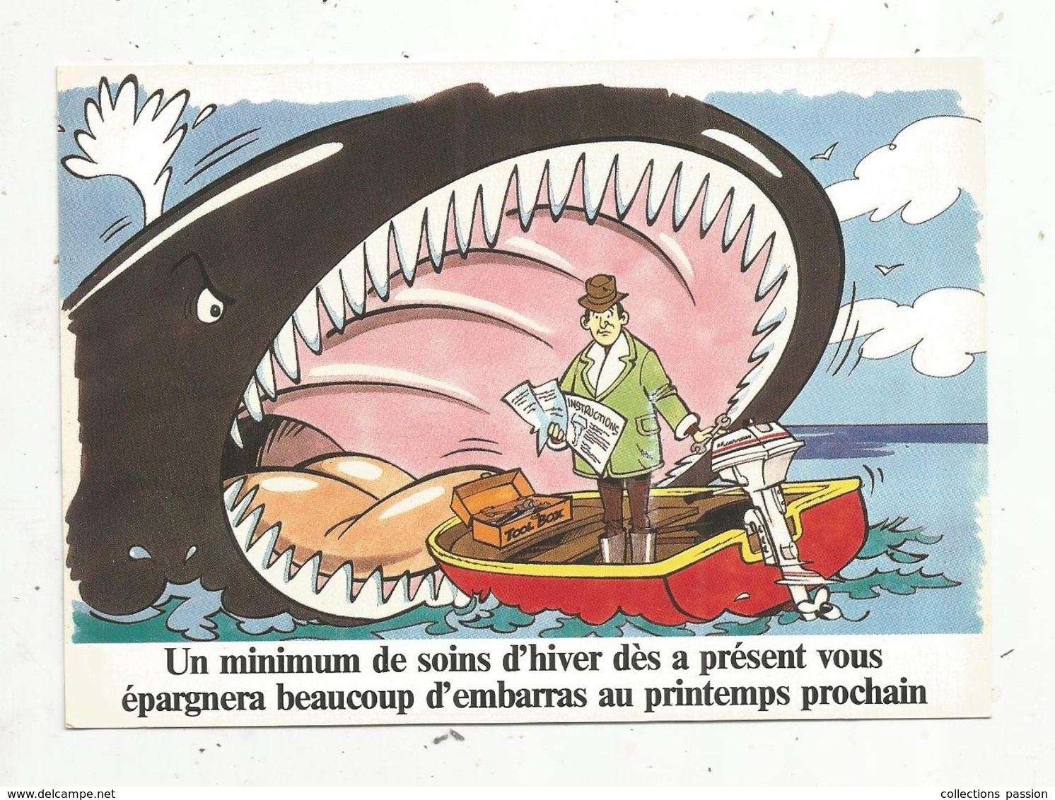 Cp, Publicité JOHNSON ,moteurs Hors Bord , Humour ,unminimum De Soins D'hiver... ,voyagée1986 ,2 Scans - Publicité