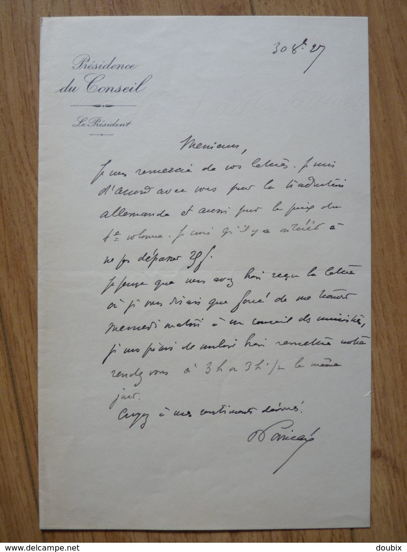 Raymond POINCARE (1860-1934) PRESIDENT De La REPUBLIQUE. Autographe - Autres & Non Classés